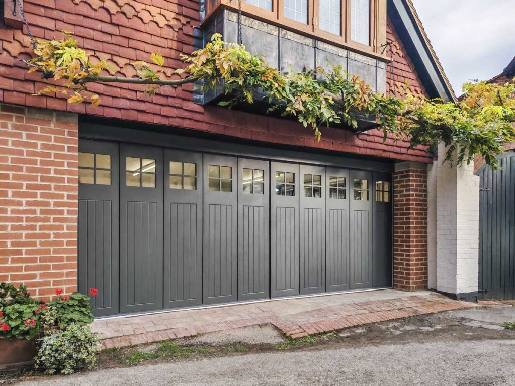 Ryterna SSD side sliding garage door finished in Farrow & Ball's Studio Green - period property closeup